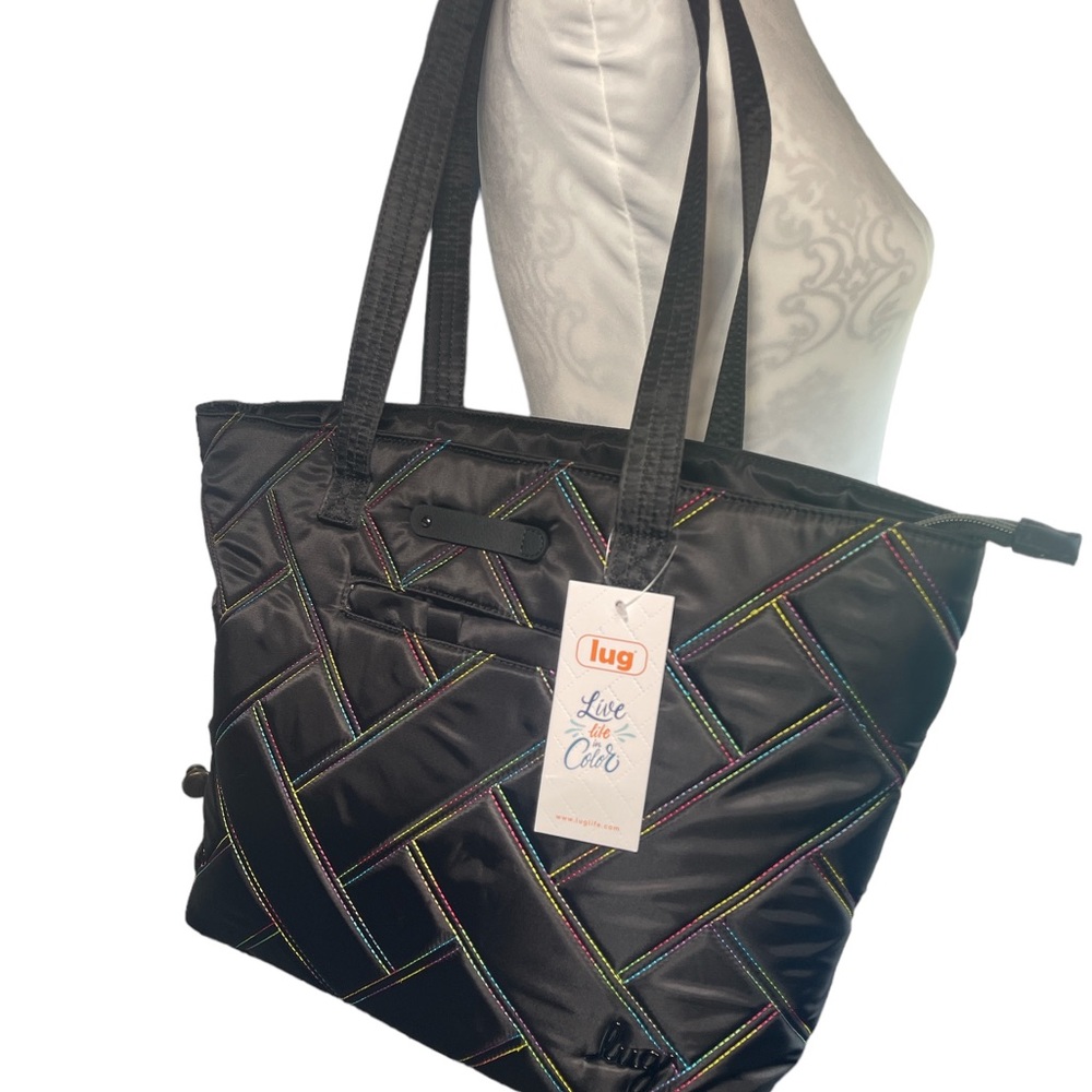lug Black Quilted Tote with Multicolor Stitching